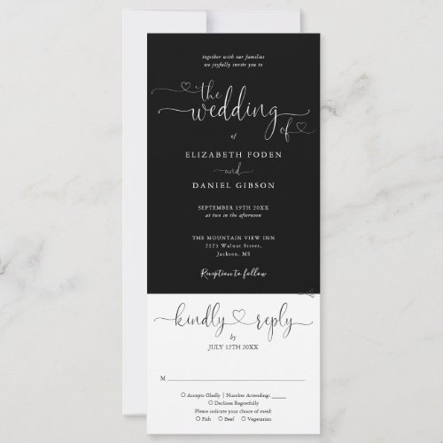 Heart Script Black And White All In One Wedding Invitation