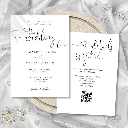 Heart Script Black And White QR Code Wedding Invitation