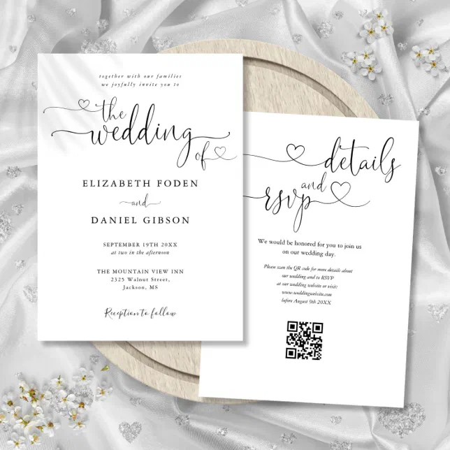 Heart Script Black And White QR Code Wedding Invitation | Zazzle