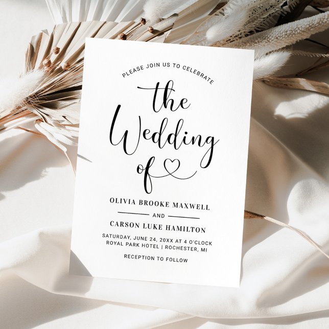 Heart Script Black and White Wedding Invitation (Creator Uploaded)