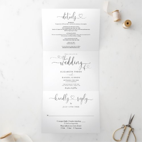 Heart Script Black And White Wedding Tri_Fold Invitation