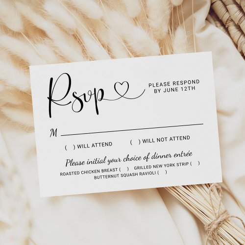 Heart Script Black and White Wedding with Meal RSVP Card