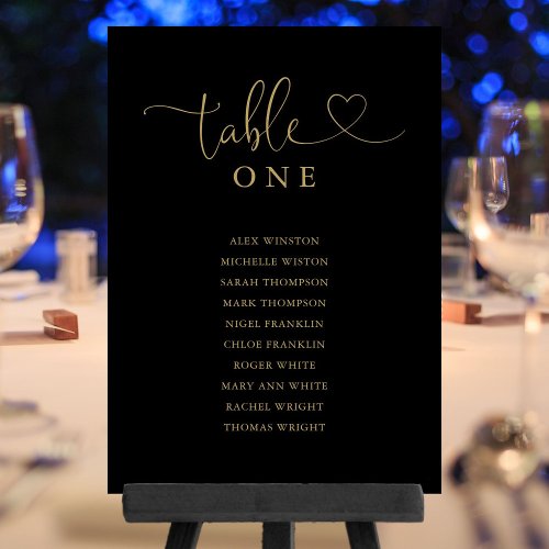 Heart Script Black Gold Table Number Seating Chart