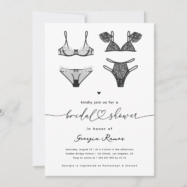 Heart Script & Black Lace Lingerie Bridal Shower Invitation (Front)
