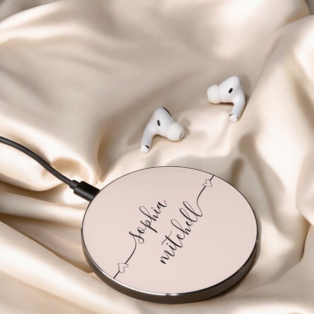 Heart Script Calligraphy Blush Pink Wireless Charger (Creator Uploaded)
