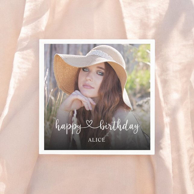 Heart Script Calligraphy Photo Happy Birthday Napkins (Creator Uploaded)