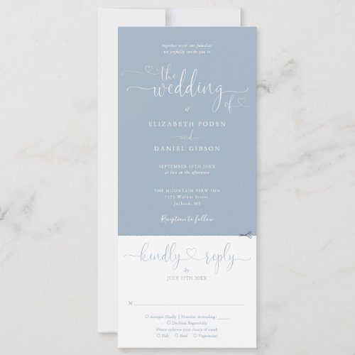 Heart Script Dusty Blue All In One Wedding Invitation
