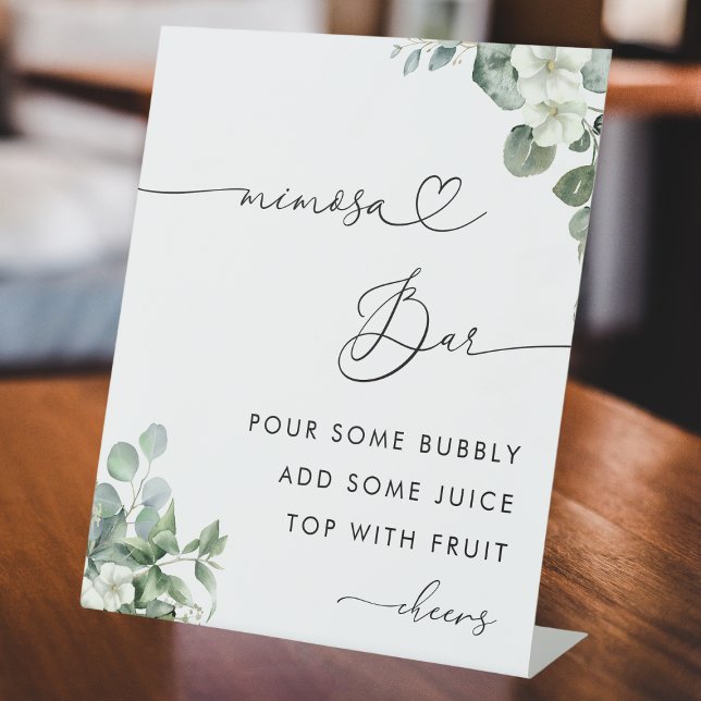 Heart Script & Eucalyptus Bridal Shower Mimosa Bar Pedestal Sign (Creator Uploaded)