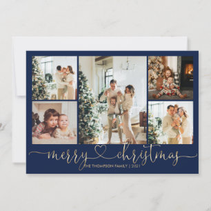 Heart Script Gold Blue Merry Christmas 5 Photo Holiday Card
