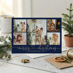 Heart Script Gold Blue Merry Christmas 5 Photo Holiday Card