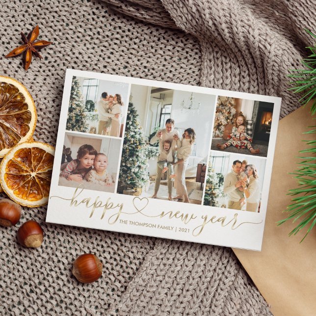 Heart Script Gold Happy New Year 5 Photo Holiday Card (Creator Uploaded)