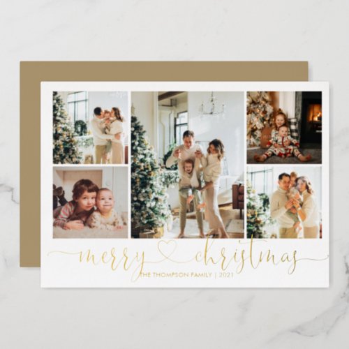 Heart Script Gold Merry Christmas 5 Photo Foil Holiday Card