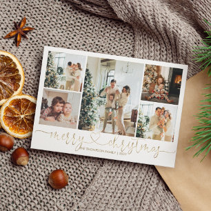 Heart Script Gold Merry Christmas 5 Photo  Holiday Card