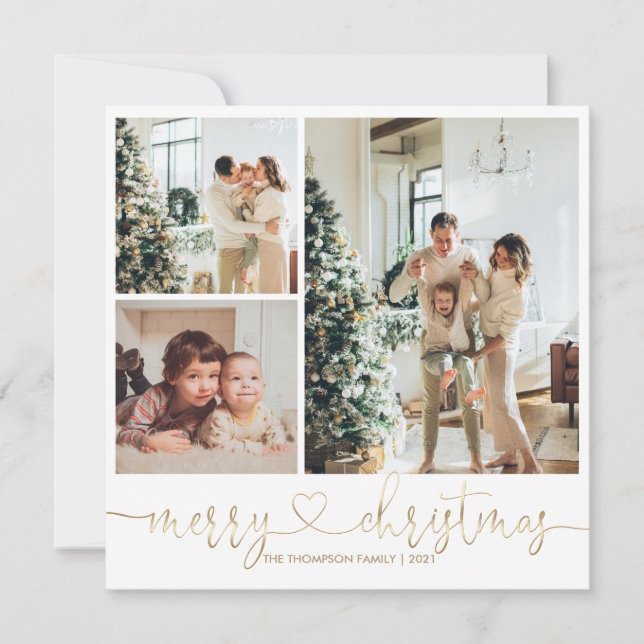Heart Script Gold Merry Christmas Photo Holiday Card (Front)