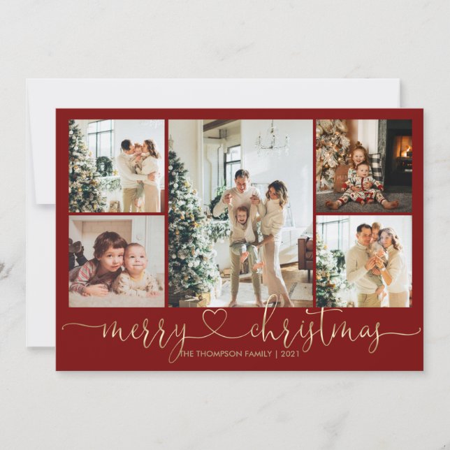 Heart Script Gold Red Merry Christmas 5 Photo Holiday Card (Front)