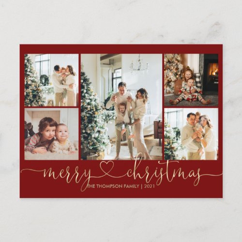 Heart Script Gold Red Merry Christmas 5 Photo Holiday Postcard