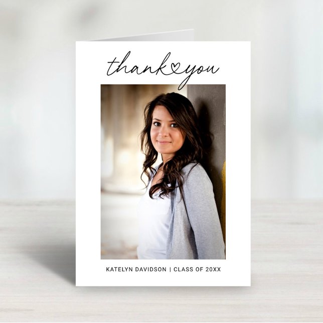 Heart Script Graduate Photo White Frame Thank You Card (Creator Uploaded)