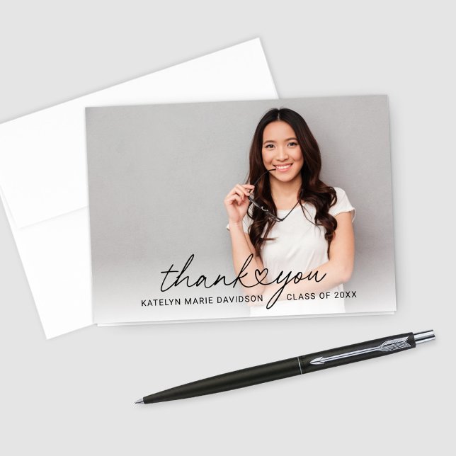 Heart Script Graduation Photo Black Text Letterpress Thank You Card (Creator Uploaded)