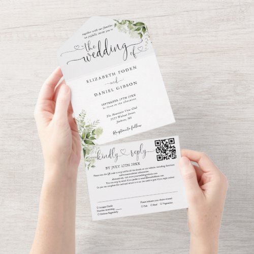 Heart Script Greenery Floral QR Code Wedding All In One Invitation