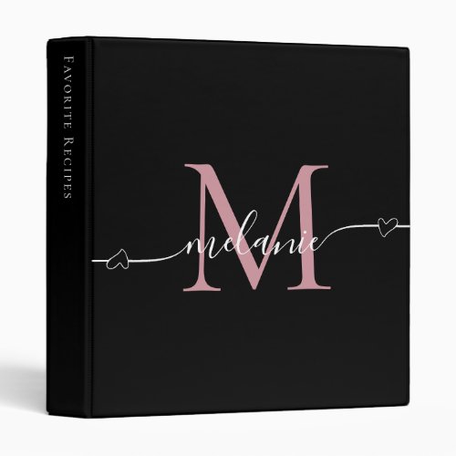 Heart Script Monogram Name Pink Black 3 Ring Binder