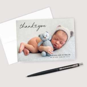 Heart Script Newborn Baby Boy Folded Thank You Card
