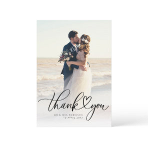 Heart script newlyweds wedding photo thank you card