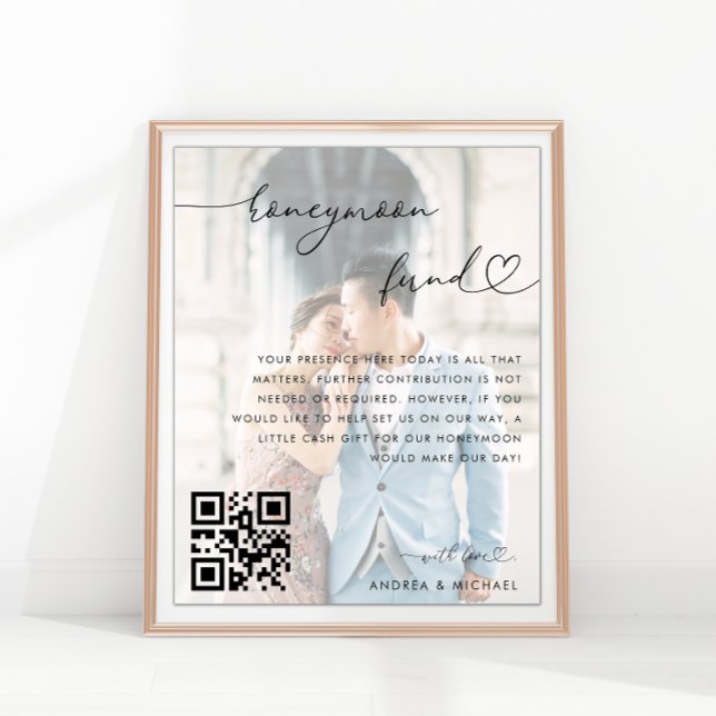 Heart Script Photo Honeymoon Fund Elegant Wedding Poster (Creator Uploaded)