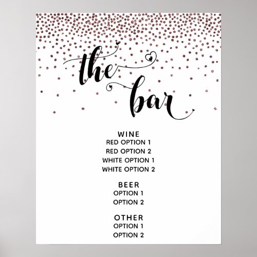 Heart Script Rose Gold Confetti The Bar Menu Sign