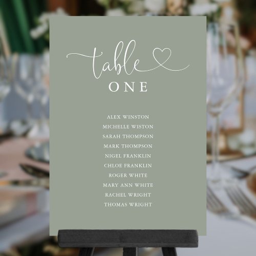 Heart Script Sage Green Table Number Seating Chart