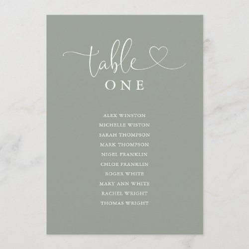 Heart Script Sage Green Table Number Seating Chart
