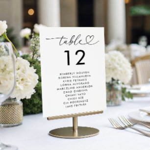 Heart Script Seating Chart Names Minimal Wedding Table Number