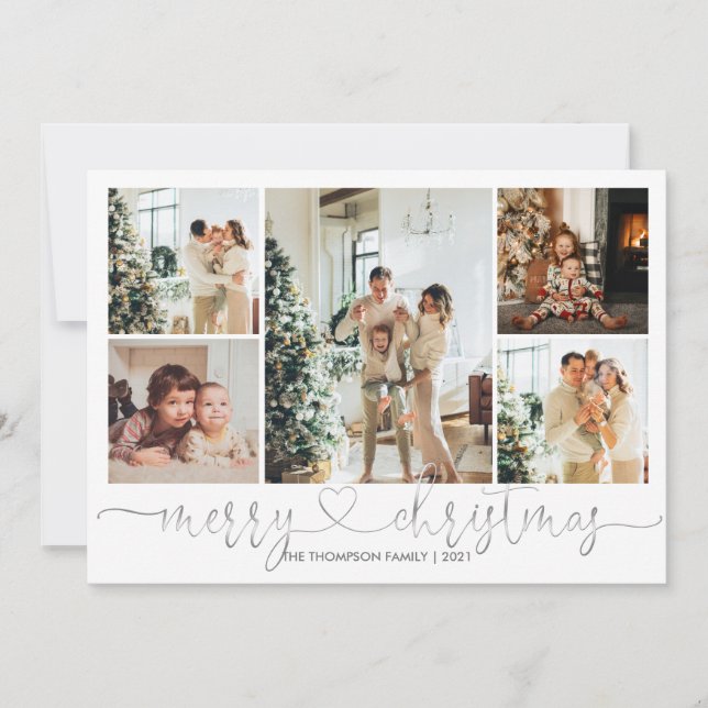 Heart Script Silver Gray Merry Christmas 5 Photo Holiday Card (Front)