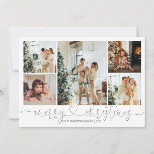 Heart Script Silver Gray Merry Christmas 5 Photo Holiday Card