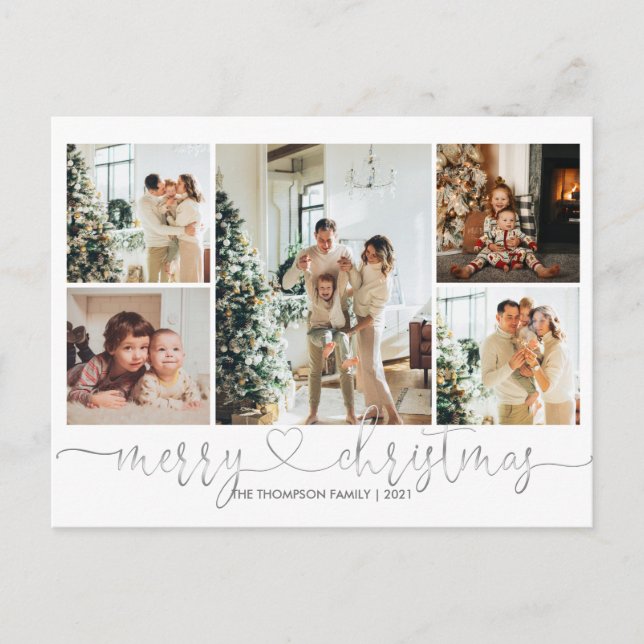 Heart Script Silver Gray Merry Christmas 5 Photo Holiday Postcard (Front)