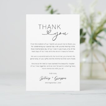 Heart Script Simple Wedding Thank You Card | Zazzle