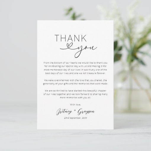 Heart Script Simple Wedding Thank You Card | Zazzle