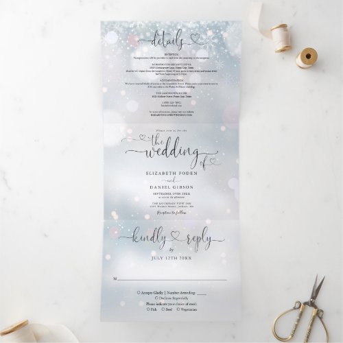 Heart Script Snowflakes Winter Wedding Tri_Fold Invitation