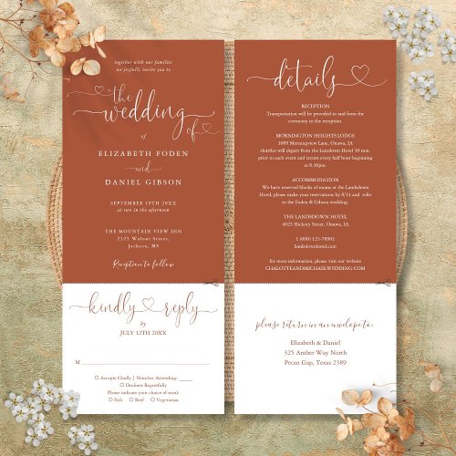 Heart Script Terracotta All In One Wedding Invitation