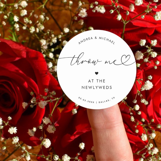 Heart Script Throw Me Wedding Petal Toss Editable Classic Round Sticker (Creator Uploaded)