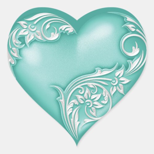 Heart Scroll Aqua w White Heart Sticker