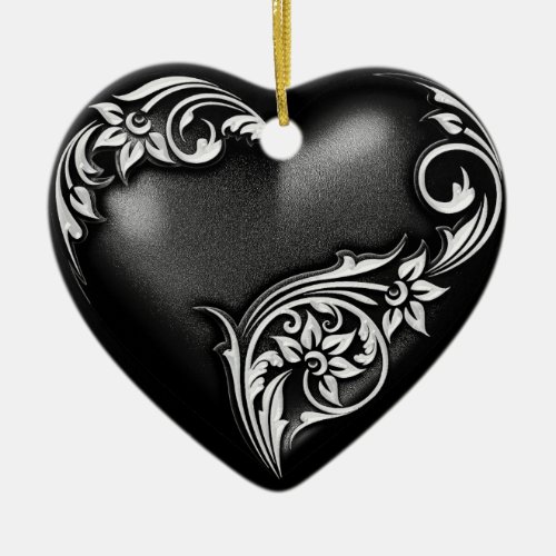 Heart Scroll Black White Ceramic Ornament