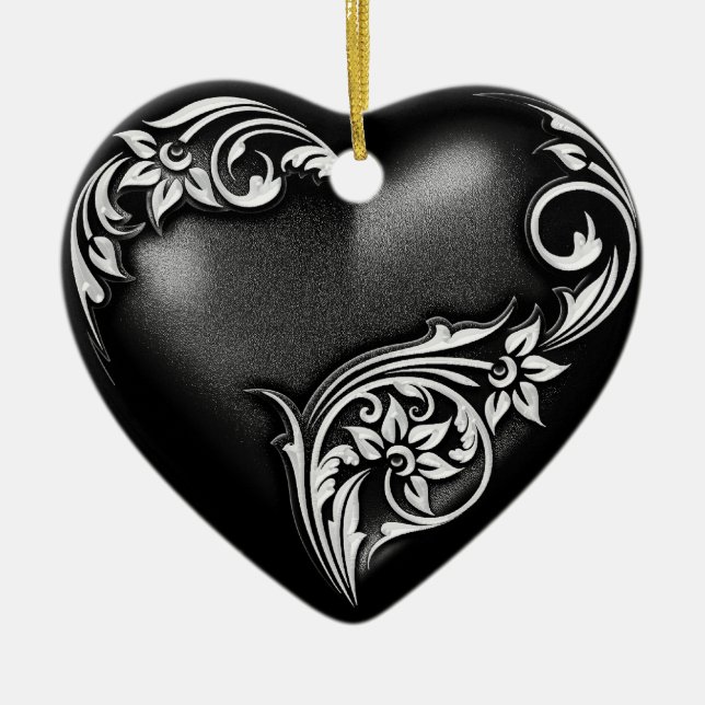 Heart Scroll Black White Ceramic Ornament (Front)