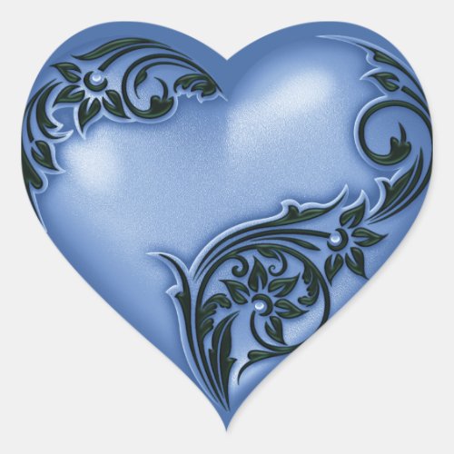 Heart Scroll Blue w Black Heart Sticker