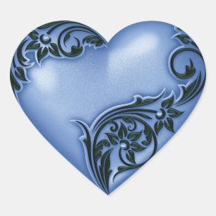Heart Scroll Blue w Black Heart Sticker