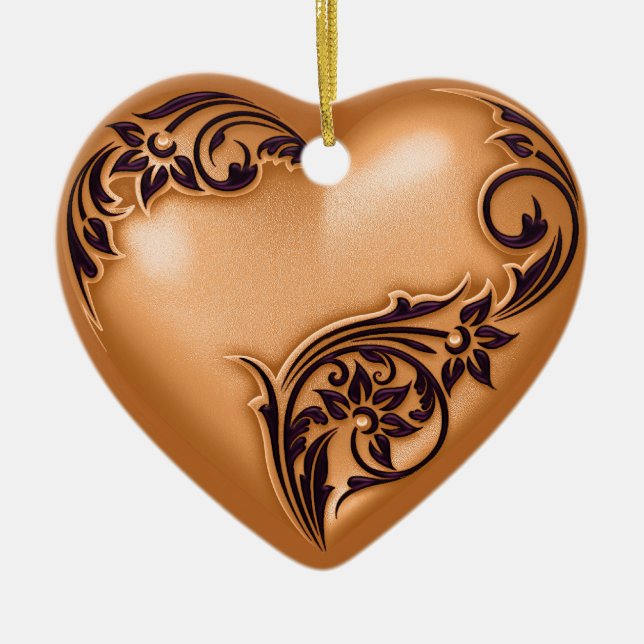 Heart Scroll Copper Orange w Black Ceramic Ornament (Front)