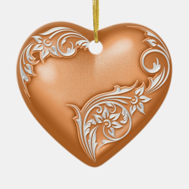 Heart Scroll Copper Orange w White Ceramic Ornament (Front)