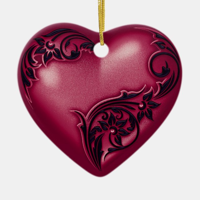 Heart Scroll Cranberry w Black Ceramic Ornament (Front)