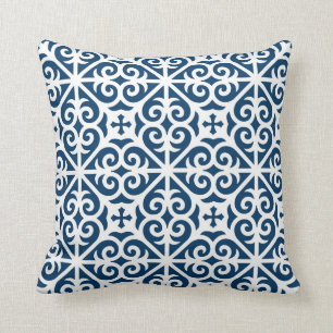 Heart Scroll Cross Pattern in Navy Blue and White Throw Pillow