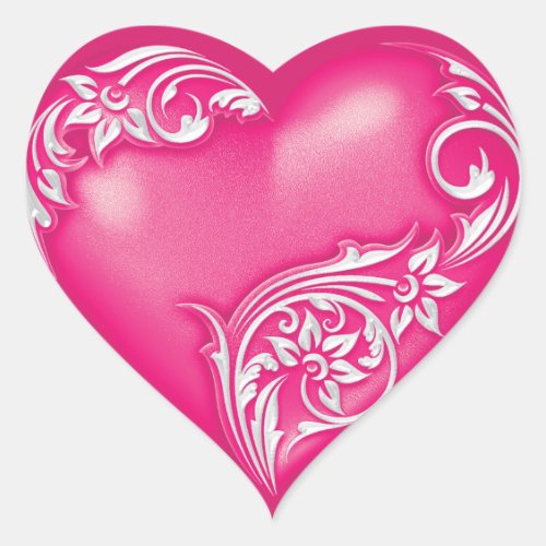 Heart Scroll Hot Pink w White Heart Sticker