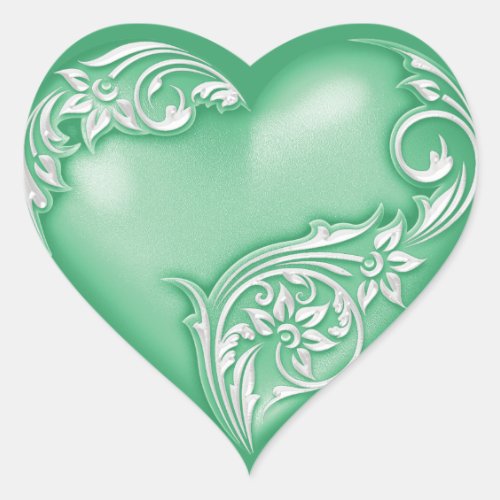 Heart Scroll Jade Green w White Heart Sticker